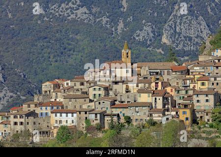 Frankreich, Departement Alpes-Maritimes, Sainte-Agnès, das als Dorf und das höchste Küstendorf Europas bezeichnet wird, allgemeine Ansicht Stockfoto