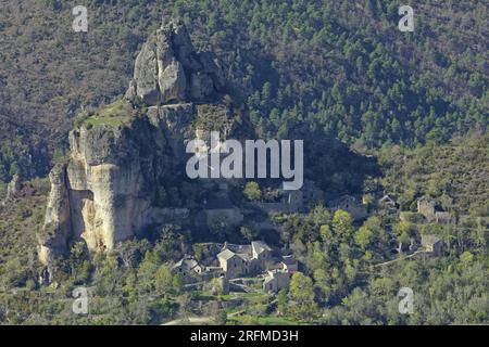 Frankreich, Departement Aveyron, Le Rozier, Rocher de Capluc im Parc National des Cévennes Grands Causses Stockfoto