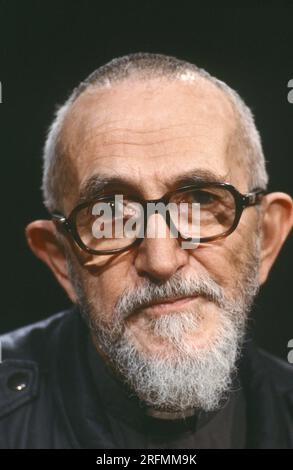 Porträt von Abbé Pierre während einer Fernsehsendung am 2. Dezember 1991. Stockfoto