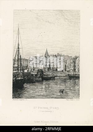 Blick auf den Petershafen in Guernsey. Illustration aus dem Buch „Chez Victor Hugo par un passant“, geschrieben von Charles Hugo und illustriert mit 12 Radierungen von Maxime Lalanne, veröffentlicht von A. Cadart et Luquet im Jahr 1864. Stockfoto