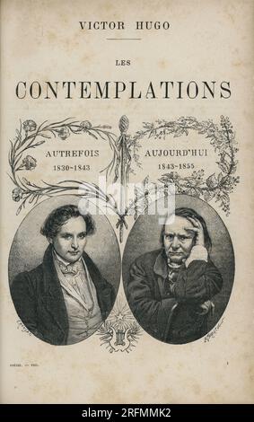 Titelseite von „Les Contemplations“ Illustrator: Etienne Antoine Eugène Ronjat Illustration aus „Oeuvre poétique“ (Vol. II) und Teil einer Reihe von Gravuren, die im Band XII von Victor Hugos „Oeuvres complètes“ veröffentlicht wurden. Das Buch wurde von der Société anonyme de Publications périodiques P. Mouillot veröffentlicht. Stockfoto