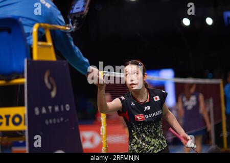 Sydney, Australien. 04. Aug. 2023. Natsu Saito von Japan dankt dem Schiedsrichter nach dem gemischten Doppelspiel am 4. Tag der SATHIO GROUP Australian Badminton Open 2023 zwischen Japan und Japan im Quaycenter am 4. August 2023 in Sydney, Australien. Kredit: IOIO IMAGES/Alamy Live News Stockfoto