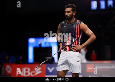 Sydney, Australien. 04. Aug. 2023. Prannoy H. S. of India schaut beim Singles-Spiel für Männer am 4. Tag der SATHIO GROUP Australian Badminton Open 2023 zwischen Indonesien und Indien im Quaycenter am 4. August 2023 in Sydney, Australien. Kredit: IOIO IMAGES/Alamy Live News Stockfoto