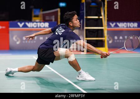 Sydney, Australien. 04. Aug. 2023. Anthony Sinisuka Ginting aus Indonesien in Aktion während des Männer-Singles-Spiels am 4. Tag der SATHIO-GRUPPE Australian Badminton Open 2023 zwischen Indonesien und Indien am 4. August 2023 im Quaycenter in Sydney, Australien. Kredit: IOIO IMAGES/Alamy Live News Stockfoto