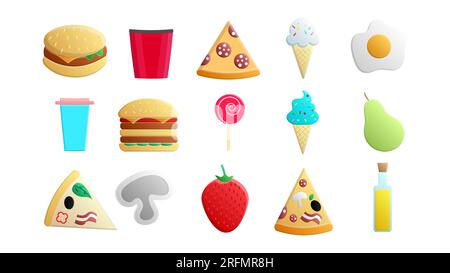 Set mit 15 Ikonen köstlicher Speisen und Snacks für ein Café-Bar-Restaurant auf weißem Hintergrund: Eis, Burger, Pizza, Popcorn, Getränk, Birne, Stock Vektor