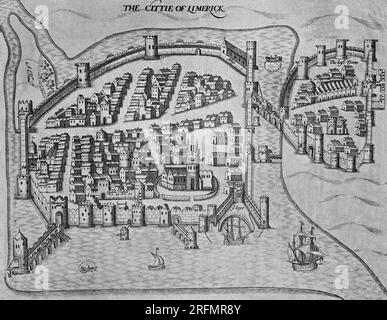 Die Stadt Limerick wie in Pacata Hibernia dargestellt - eine Geschichte der Kriege in Irland während der Herrschaft von Königin Elizabeth, insbesondere in der Provinz Munster unter der Regierung von Sir George Carew, zusammengestellt nach seiner Leitung und Ernennung und veröffentlicht im frühen 17. Jahrhundert. Stockfoto