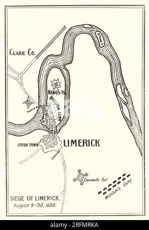 Ein Plan der ersten Belagerung von Limerick aus dem 17. Jahrhundert, von August bis September 1690, wurde die Stadt im Westen Irlands im Williamitenkrieg in Irland zwischen 1689 und 1691 zweimal belagert. Beim ersten Mal zogen sich die Jakobitenverteidiger nach ihrer Niederlage in der Schlacht von Boyne zurück. Die Williamiten, unter William III., versuchten Limerick im Sturm zu erobern, wurden aber vertrieben und mussten sich in ihr Winterquartier zurückziehen. Stockfoto