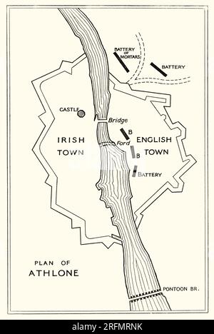 Ein Plan von Athlone aus dem 17. Jahrhundert, zweimal belagert während des Williamitenkriegs in Irland (1689-91). Die Stadt am Fluss Shannon befehligte die Brücke über den Fluss in die von den Jakobiten bewohnte Provinz Connacht. Die Armee von Wilhelm III. Belagerte Athlone erstmals 1690, kurz nach ihrer Niederlage der Hauptjakobitenarmee in der Schlacht um die Boyne, aber Oberst Richard Grace, der Kommandant der jakobitanischen Garnison, weigerte sich, sich zu ergeben, und ohne Belagerungsartillerie endete die Belagerung nach einer Woche. Stockfoto