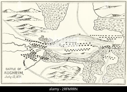 Ein Plan aus dem 17. Jahrhundert der Schlacht von Aughrim, der entscheidenden Schlacht des Williamitenkrieges in Irland. Es wurde am 12. Juli 1691 in der Nähe des Dorfes Aughrim, Grafschaft Galway, zwischen der größtenteils irischen Jakobitenarmee, die James II. Treu ist, und den Truppen von William III. Gekämpft. Die Schlacht war wahrscheinlich die blutigste, die je auf den britischen Inseln gekämpft wurde: 7.000 Menschen wurden getötet. Die Niederlage der Jakobiten in Aughrim bedeutete das effektive Ende von James' Sache in Irland, obwohl die Stadt Limerick bis zum Herbst 1691 Bestand hatte. Stockfoto