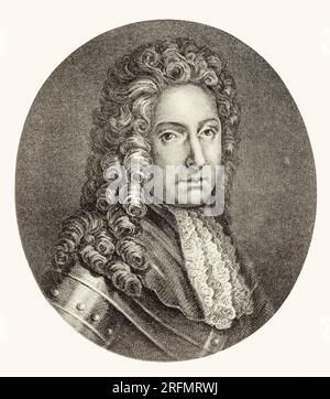 Ein Porträt von Patrick Sarsfield, dem 1. Earl of Lucan (1655-1693), einem irischen Soldaten und einer führenden Persönlichkeit der Jakobitenarmee während des Williamitenkriegs von 1689 bis 1691 in Irland. Als der katholische James II. 1685 auf den Thron kam, wurde Sarsfield in die königliche Armee versetzt. Als Oberst der glorreichen Revolution im November 1688 blieb er James treu und folgte ihm ins Exil nach Frankreich. Sarsfield half bei den Verhandlungen über den Limerick-Vertrag von 1691, der den Krieg beendete, als Tausende irischer Soldaten in Frankreich ins Exil gingen, später als "Flug der Wildgänse" bekannt. Stockfoto