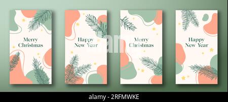Weihnachten und Neujahr trendy editierbare Vorlagen Set. Abstrakte Formen und handgezeichnete Kiefernfichtenzweige für Social Networks Stories. Soziale Medien Stock Vektor