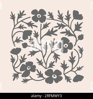 Abstraktes ästhetisches Blumendesign mit Wandmotiv auf beigefarbenem Hintergrund. Schwarze Mohnvorlage im botanischen Retro-Stil für Poster, Banner, Karte. Stock Vektor