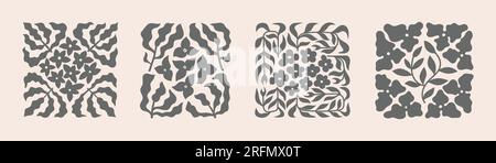 Abstrakte ästhetische Wandmotive mit Blumenmotiven auf beigem Hintergrund. Schwarze botanische Retro-Vorlagen für Poster, Banner, Karten. Stock Vektor