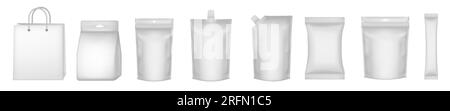 Ein Satz realistischer Taschenmodelle. White Flow Pack, Zuckerstange, Beutel, Reißverschlussbeutel und Doypack. Eispackung. Folienmaske Beutel. Seife oder Feuchttücher pac Stock Vektor