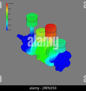 Finite-Elemente-Analyse von Kurbelwellen-FEM und Farbzuordnung der Kolben, Untersuchung der Spannung Stockfoto