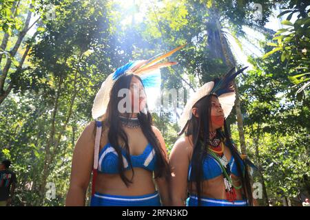 porto seguro, bahia, brasilien - 1. august 2023: Etina Pataxo Indianer während des Aragwaka Festivals im Dorf Jaqueira in der Stadt Porto Segu Stockfoto