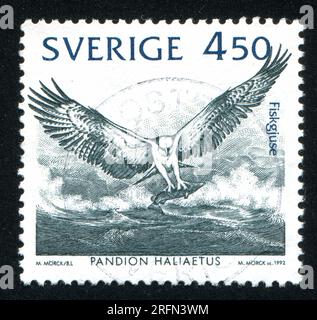SCHWEDEN - CIRCA 1992: Von Schweden gedruckter Stempel, zeigt Fischadler, circa 1992 Stockfoto