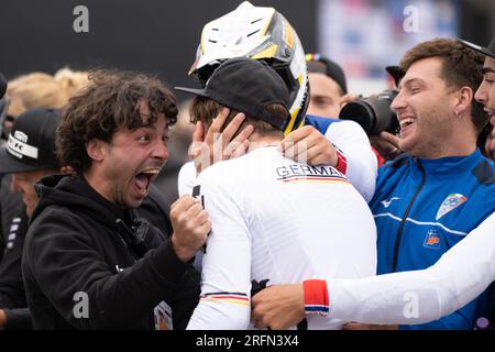 Fort William, Schottland, Großbritannien. 4. Aug. 2023. Henri Kiefer gewinnt die UCI Cycling World Championships Mountain Bike Downhill Junior Herrentitel: Kay Roxby/Alamy Live News 2023 Stockfoto