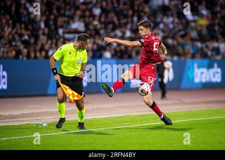 Aarhus, Dänemark. 03. Aug. 2023. Jorne Spileers (58) von Club Brügge, gesehen während des Qualifikationsspiels der UEFA Conference League zwischen Aarhus GF und Club Brügge im Ceres Park in Aarhus. (Foto: Gonzales Photo/Alamy Live News Stockfoto