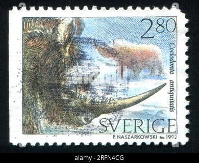 SCHWEDEN - CIRCA 1992: Von Schweden gedruckter Stempel zeigt Woolly-Nashörner, circa 1992 Stockfoto