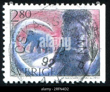 SCHWEDEN - CIRCA 1992: Von Schweden gedruckter Stempel zeigt Woolly-Mammut, circa 1992 Stockfoto