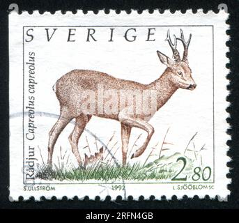 SCHWEDEN - CIRCA 1992: Von Schweden gedruckter Stempel zeigt Rothirsch, circa 1992 Stockfoto