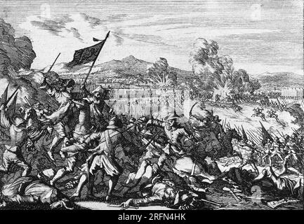 Die Schlacht von Wittstock 1636: Die schwedische Armee und ihre Verbündeten kämpfen während des Dreißigjährigen Krieges (1618-1648) gegen die Streitkräfte Sachsens und des Reiches. Ätzen von Caspar Luyken, 1698. Stockfoto