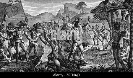 Christoph Kolumbus landet in der Neuen Welt. Ätzen von A.C.F. Villerey nach N. Vallain, 1810. Stockfoto