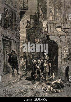 Zwei Männer entdeckten eine tote Frau auf der Straße während der Großen Pest von London, 1664-66. Holzgravierung von J. Jellicoe nach H. Railton, c. Ende des 19. Jahrhunderts. Stockfoto