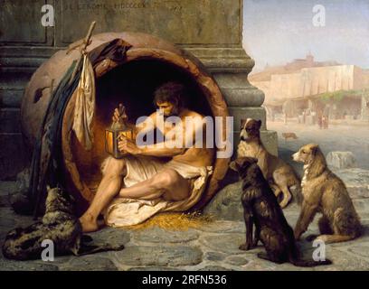 Der griechische Philosoph Diogenes (404-323 v. Chr.) saß in seiner Steingut-Wanne in Athen. Seine Begleithunde dienen als Symbole seiner Cynic-Philosophie (Griechisch für hundeähnlich), die einem Leben der Sparsamkeit Vorrang einräumte. Malerei von Jean-Leon Gerome (1824-1904). Stockfoto