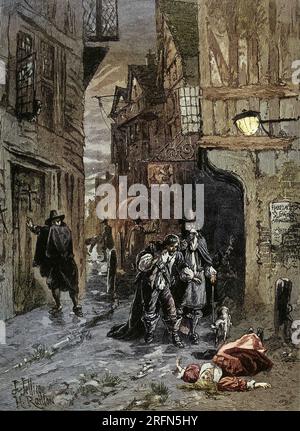 Zwei Männer entdeckten eine tote Frau auf der Straße während der Großen Pest von London, 1664-66. Holzgravierung von J. Jellicoe nach H. Railton, c. Ende des 19. Jahrhunderts. Stockfoto