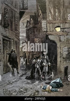 Zwei Männer entdeckten eine tote Frau auf der Straße während der Großen Pest von London, 1664-66. Holzgravierung von J. Jellicoe nach H. Railton, c. Ende des 19. Jahrhunderts. Stockfoto