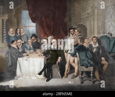 William Shakespeare, englischer Dichter und Dramatiker, und seine Zeitgenossen in der Meerjungfrau-Taverne. Gravur von John Faed, 1850. Links (l bis r): Josuah Sylvester, John Selden, Francis Beaumont. Am Tisch (l bis r): Thomas Sackville, William Camden, John Fletcher, Francis Bacon, Ben Johnson, Samuel Daniel, John Donne, William Shakespeare. Rechts stehend und sitzend (l bis r): Walter Raleigh, Henry Wriothesley, Robert Cotton, Thomas Dekker. Stockfoto