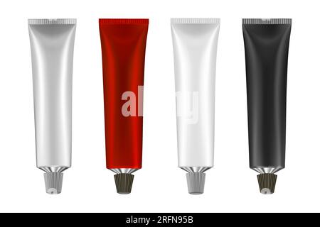 Set mit 4 mehrfarbigen Röhrchen. Vektordarstellung von Creme- oder Zahnpasta-Röhrchen. Salbe. Salve. Tube zum Kleben. Ölfarbe. Schwarzer, roter, silberner und weißer Meta Stock Vektor