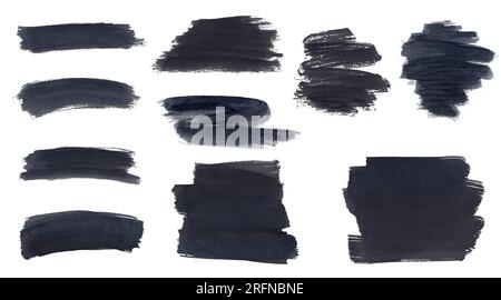 Schmuddelige, handbemalte Pinselstriche aus schwarzer Farbe, isoliert auf Weiß. Set von texturalen Hintergründen für Text. Abstrakte Tintentextur, schmutziges Dekorationselement Stockfoto
