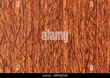 Textur eines alten braunen hölzernen Hintergrunds, lackiert mit Rissen und Kanten Stockfoto