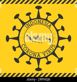 Corona-Virus in Indonesien-Zeichen. Runde Abzeichen mit Form des Virus und Indonesien Karte. Gelbe Länderepidemie-Sperrstempel. Vektorabbildung. Stock Vektor
