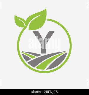 Landwirtschaftslogo auf Buchstabe Y mit Blatt- und Feldsymbol. Vorlage Für Logotyp „Landwirtschaft“ Stock Vektor