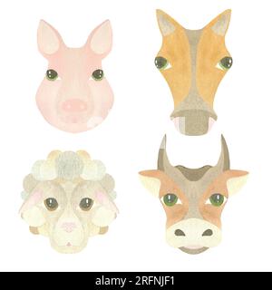 Aquarelle niedliche Tiergesichter - Schwein, Schaf, Kuh und Pferd, hervorgehoben auf weißem Hintergrund. Illustration. EIN SATZ TIERGESICHTER. Für die Beschreibung Stockfoto