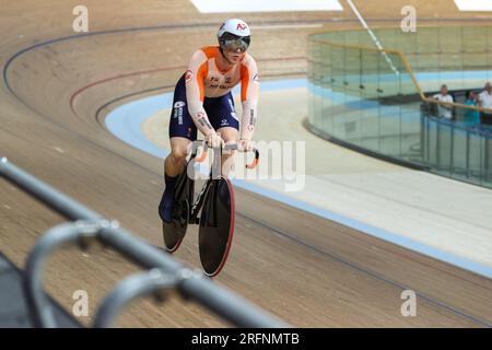 Glasgow, Großbritannien. 04. Aug. 2023. GLASGOW, SCHOTTLAND - 4. AUGUST: Jeffrey Hoogland der Niederlande während des Men Elite Team Sprint am 2. Tag der UCI Cycling World Championships 96. Glasgow 2023 am 4. August 2023 in Glasgow, Schottland. (Foto: Tim Buitenhuis/BSR Agency) Kredit: BSR Agency/Alamy Live News Stockfoto