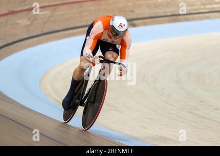 Glasgow, Großbritannien. 04. Aug. 2023. GLASGOW, SCHOTTLAND - 4. AUGUST: Jeffrey Hoogland der Niederlande während des Men Elite Team Sprint am 2. Tag der UCI Cycling World Championships 96. Glasgow 2023 am 4. August 2023 in Glasgow, Schottland. (Foto: Tim Buitenhuis/BSR Agency) Kredit: BSR Agency/Alamy Live News Stockfoto