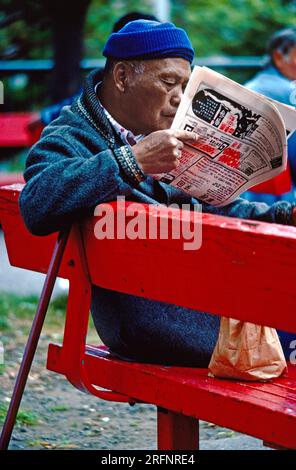 Älterer chinesischer Mann liest chinesische Zeitung in Portsmouth Square, Chinatown, San Francisco, Kalifornien, USA Stockfoto