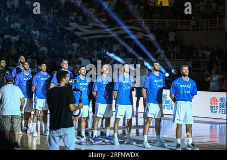 Athen, Lombardei, Griechenland. 4. Aug. 2023. Griechische Nationalmannschaft während des International Friendly.Match zwischen Griechenland und Slowenien im OAKA Stadium am 4. August 2023, in.Athen, Griechenland. (Kreditbild: © Stefanos Kyriazis/ZUMA Press Wire) NUR REDAKTIONELLE VERWENDUNG! Nicht für den kommerziellen GEBRAUCH! Kredit: ZUMA Press, Inc./Alamy Live News Stockfoto