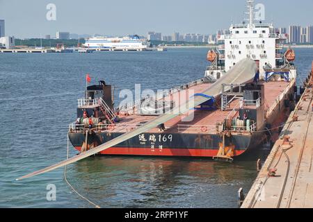 YANTAI, CHINA - 4. AUGUST 2023 - Ein Frachtschiff mit B1260A ultragroßen Offshore-Windturbinenschaufeln legt im Penglai Port Area im Yantai Port, Shan an an Stockfoto