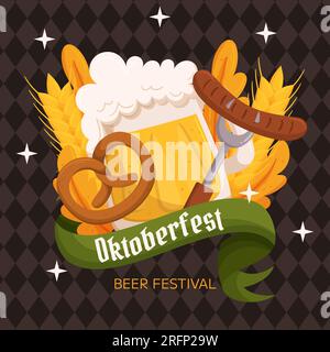 Oktoberfest Deutscher Bierfestivalplatz, Postvorlage in sozialen Medien. Design mit Glas Bier, Brezel und Gabel mit Wurst, Weizen und Blättern. Rhombu Stock Vektor