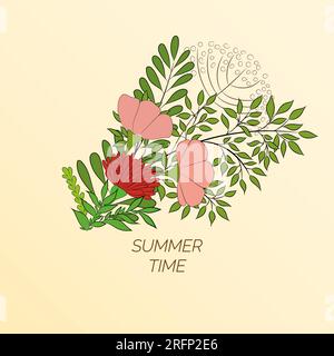 Sommerlicher Blumenhintergrund in Form eines Blumenkranzes und grüner Blätter. Für das Design von Postkarten, Broschüren, Flyern. Stock Vektor