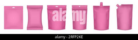Ein Satz realistischer Taschenmodelle. Rosafarbenes Fließpackung, Zuckerstange, Beutel, Reißverschlussbeutel und Doypack. Folienmaske Beutel. Verpackung von Seife oder feuchten Wischtüchern Stock Vektor