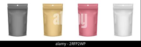 Set mit 4 realistischen Zip-Paketen. Flexibles Spielset. Schwarze, silberne, weiße, braune, blaue und rote Folienbeutel. Plastikbeutel. Essensbeutel mit Reißverschluss Stock Vektor