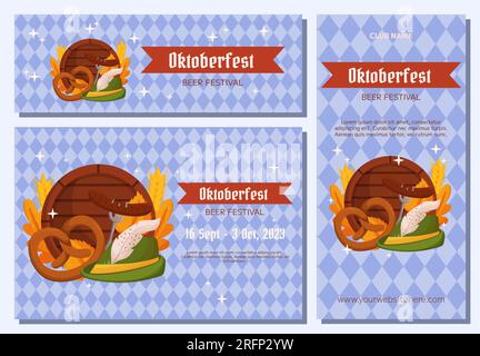 Oktoberfest Deutsches Bierfestival Hintergrund, vertikale und horizontale Bannersammlung. Design mit Tiroler Hut, Gabel mit gegrillter Wurst, Brezel, Stock Vektor