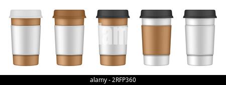 Realistisches Set aus Kaffeetassen aus Papier mit Getränkehaltern. Kaffee zum Mitnehmen. Nehmen Sie es mit. Weiße Pappbecher, leerer brauner Behälter mit Deckel für Latte, Mocha, Cappuc Stock Vektor